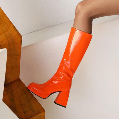 YSC Platform Knee High Boots in vibrant orange with chunky heels for trendy outfits