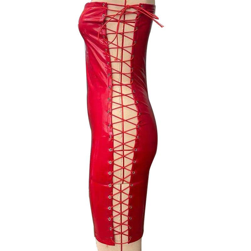 Eedele wet look lace up dress in red with stylish lace-up details on the sides